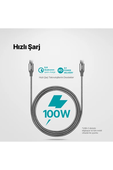AlumiCable USB-C - USB-C 150cm 100W PD/QC Hızlı Şarj/İPhone 15/15Pro/16/16Pro/16 Pro Max Uyumlu ürün görseli 1