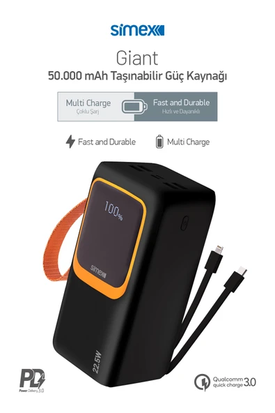 50.000 Mah Prime Dijital Göstergeli Fener Hızlı Şarj  Çoklu Kablo Powerbank,Taşınabilir Şarj Cihazı ürün görseli 1
