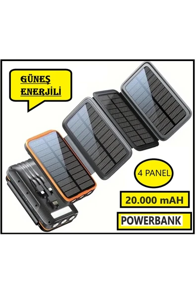 Güneş Enerjili Powerbank 20.000 Mah Powerbank solar 4 Panel Su Geçirmez Hızlı PD 20W Hızlı Şarj ürün görseli 1