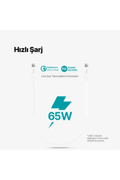 Usb-c - Usb-c 30cm 65w Pd/qc Hızlı Şarj/data Kablosu Beyaz Beyaz ürün görseli 1