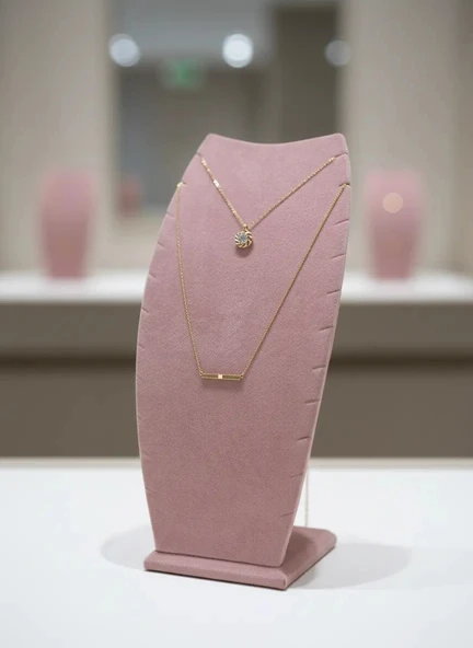 Dubai Model Süet Kumaş Pembe Renk 25/12 Cm Kolye - Zincir Ayaklı Stand ürün görseli 1