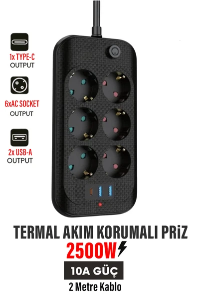Yüksek Akım Korumalı 6’lı Grup Priz Kablolu 2M Priz 2 USB-A 1 Type-C Girişli Fiş 2 metre Kablolu ürün görseli 1