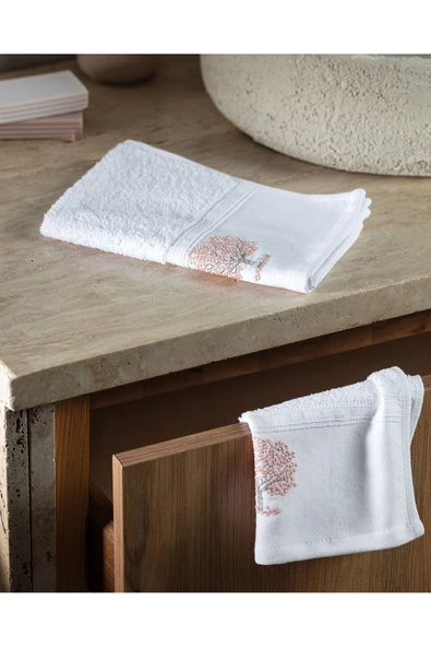 Orva Nakışlı %100 Pamuk 2'li El Havlusu - Beyaz - 30x45 cm ürün görseli 1