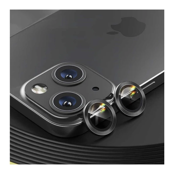 Apple iPhone 13 Kamera Koruyucu Lens Mercek Metal Çerçeveli 2li Set Siyah Black ürün görseli 1