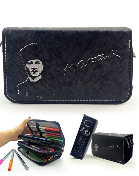 Kalem Kutusu Siyah Atatürk Mustafa Kemal Atatürk Desenli Kawai Organizer Kalemkutu Vegan Deri Üç Bölmeli Kalemlik ürün görseli 1
