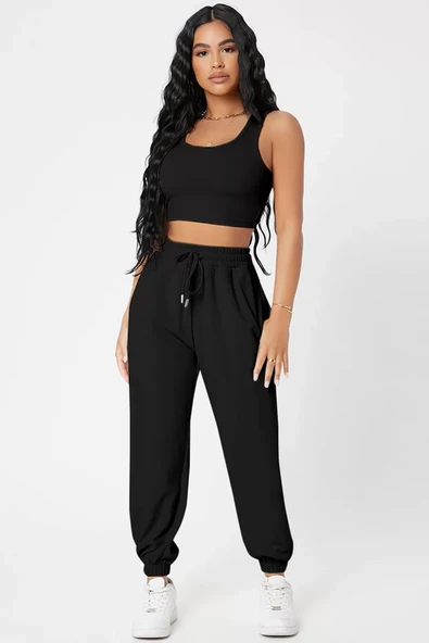 Kadın Siyah Kaşkorse Cepli Jogger Eşofman Altı ve Crop Top Bluz ürün görseli 1