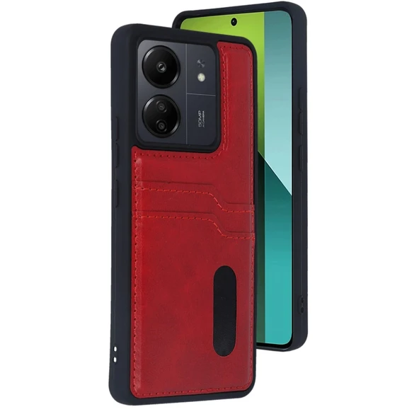 Xiaomi Redmi 13c Kılıf Sara Kartvizitli Deri Kılıf - Kırmızı ürün görseli 1