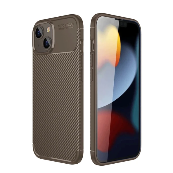 İphone 14 Kılıf Auto Focus Karbon Kapak - Kahverengi ürün görseli 1