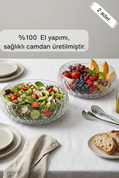 Selen Concept Kafes Model El Yapımı Orta Boy Cam Salata Kasesi 2'li ürün görseli 1