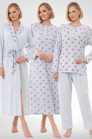 Mecit 6318 Mavi Büyük Beden Kadın Sabahlık Pijama Gecelik Set ürün görseli 1