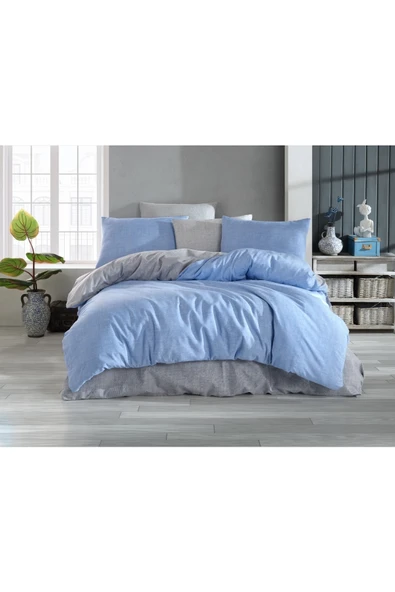 Sheri Home Tekstil Yeni Desenler Vintage Ranforce Çift Kişilik Nevresim Takımı One Size Happy Blue Ca90422 ürün görseli 1