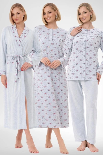 Mecit 6319 Mavi Büyük Beden Kadın Sabahlık Pijama Gecelik Set ürün görseli 1