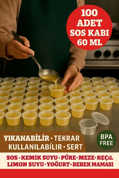 100’lü Set-60 ml Kendinden Kapaklı Şeffaf Sosluk – Sızdırmaz, Sıcağa Dayanıklı, Tekrar Kullanılabilir ürün görseli 1