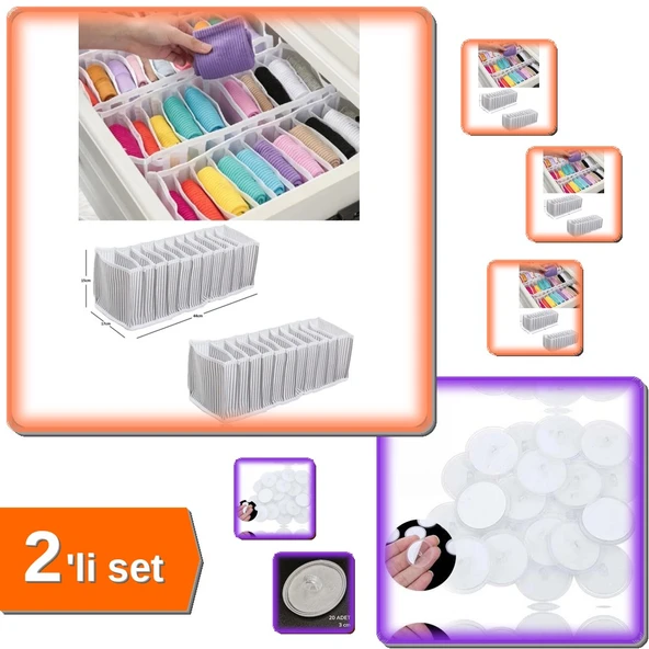 10 Gözlü M Beden Akordiyon Çekmece Düzenleyici + 20 Adet Şeffaf 3 Cm Çaplı Yapışkan - 2li Set S2F8Y6 ürün görseli 1