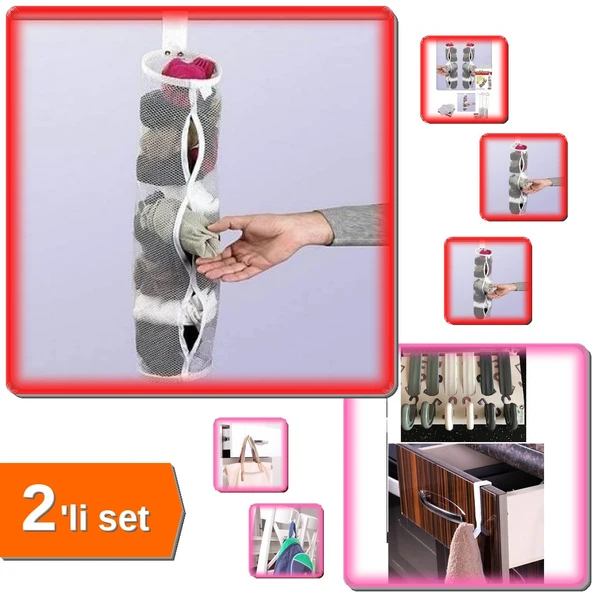 5 Adet Dolap İçi Asılabilir Temiz Çorap Filesi Askılık + 6 Adet Çekmece Havlupan Askı - 2li Set T9Y2 ürün görseli 1