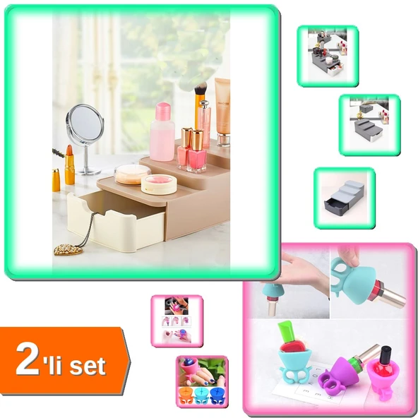 Çekmeceli Makyaj Organizeri Ve Stand + 2 Adet Oje Tutucu - Şık Düzenleme D4E5F6 ürün görseli 1
