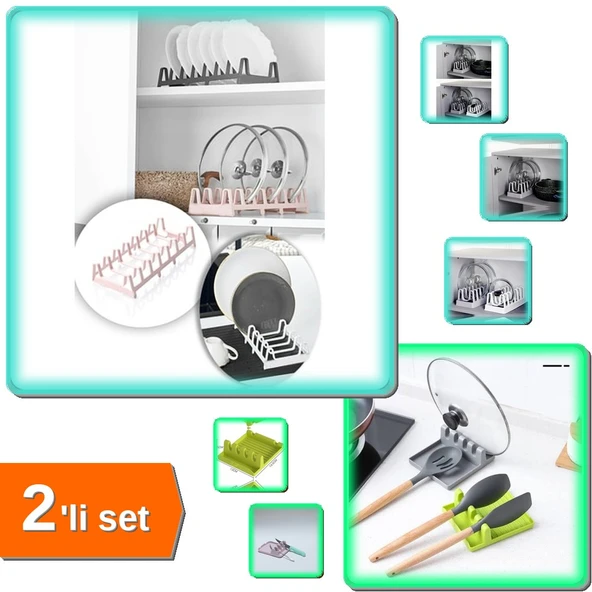 Tencere Kapağı Organizeri 6 Bölmeli + Çok Amaçlı Kaşık Altlığı Kepçe Kapak Tutucu - 2li Set J4G1L7 ürün görseli 1