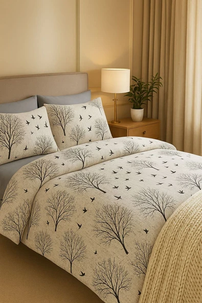 Sheri Home Tekstil Cotton Gri Ağaç Çift  Kişilik Nevresim Seti Ca1453 ürün görseli 1