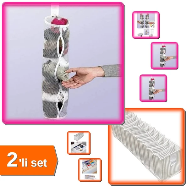 5 Adet Dolap İçi Asılabilir Temiz Çorap Düzenleyici + 11 Gözlü Akordiyon Çekmece Organizer - 2li Set ürün görseli 1
