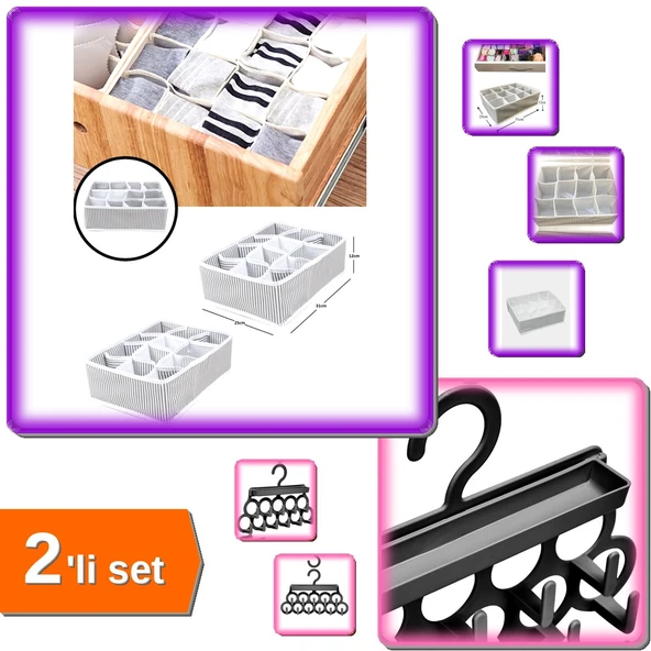 12 Bölmeli Pratik Çekmece Organizer + Kravat ve Şal Askısı - Aksesuar Düzenleyici - 2li Set R3Y8N3 ürün görseli 1