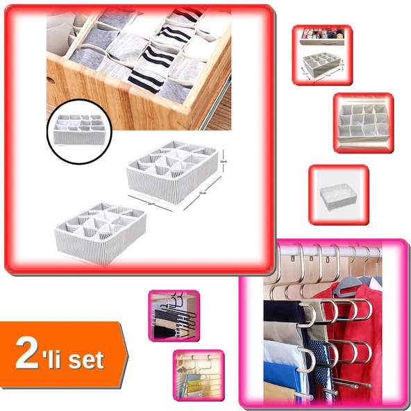 12 Bölmeli İç Çamaşırı Kravat Çorap Çekmece Düzenleyici + Pantolon Askısı 5 Katlı - 2li Set W9G4R0 ürün görseli 1