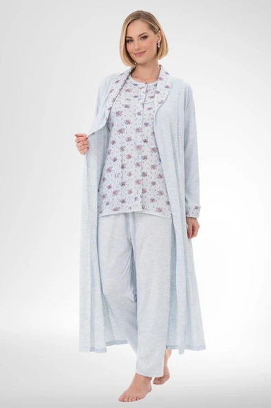 Mecit 6317 Mavi Kadın Büyük Beden Sabahlıklı Pijama Takımı ürün görseli 1