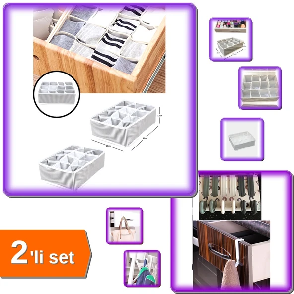 12 Bölmeli Pratik Çamaşır Çorap Çekmece Düzenleyici + 6 Adet Çekmece Havlupan Askı - 2li Set D2F5F8 ürün görseli 1