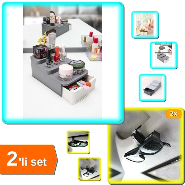 Compact Çekmeceli ve Standlı Makyaj Organizeri + 2 Adet Araba Gözlük Tutacağı Klips - 2li Set N3Z7Q5 ürün görseli 1