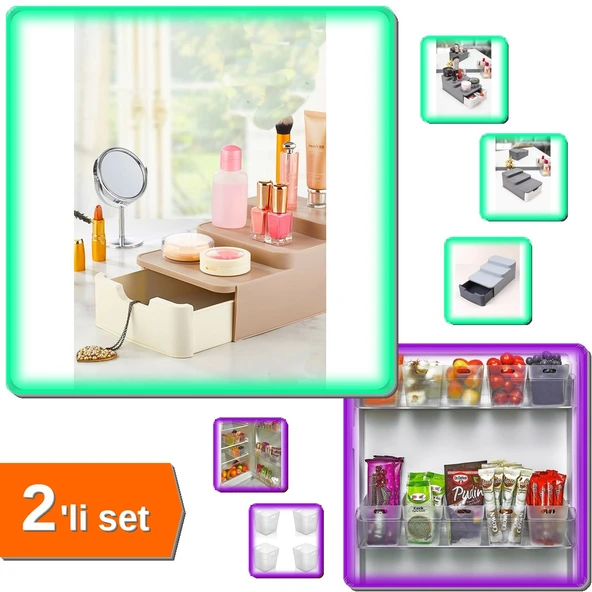 Compact Çekmeceli ve Standlı Makyaj Organizeri + 6 Adet Buzdolabı İçi Mini Düzenleyici Kutu -2li Set ürün görseli 1