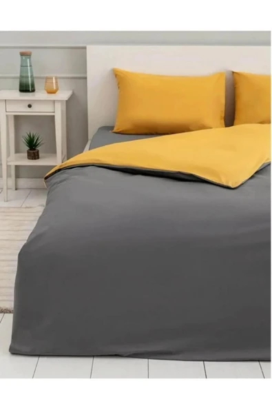 Sheri Home Tekstil Çarşafı Lastikli Nevresim Takımı Tek Kişilik Gri - Sarı Sheri880055 ürün görseli 1