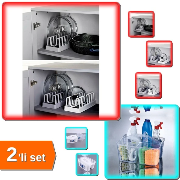 6 Bölmeli Tencere Kapağı Organizeri + Buzdolabı Düzenleyici Sepet Caddy - Pratik 2li Set T17045 ürün görseli 1