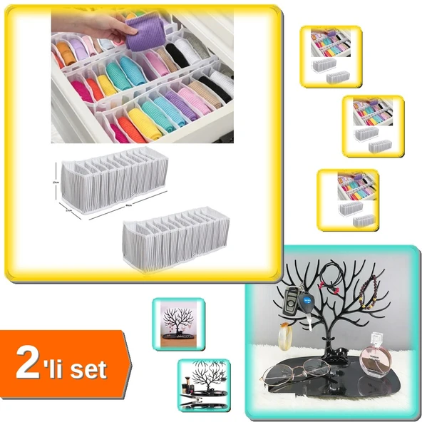 10 Gözlü Akordiyon Çekmece Düzenleyici + Siyah Geyik Tasarımlı Mücevher Organizeri - 2li Set Y1U0V1 ürün görseli 1