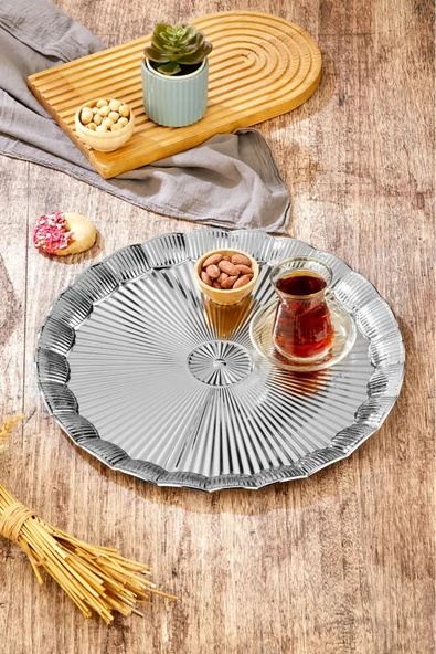 Cooker 35 cm Metal Yuvarlak Gümüş Sunum Tepsisi CKR3903 ürün görseli 1