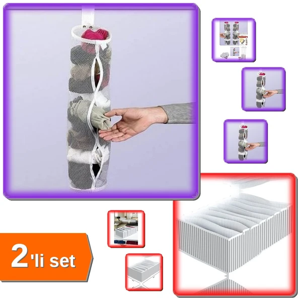 5 x Dolap İçi Asılabilir Çorap Düzenleyici + 8 Bölmeli XL Pratik Çekmece Organizer - 2li Set 58P8T8 ürün görseli 1