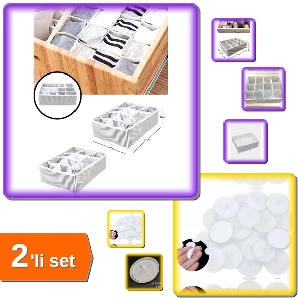 12 Bölmeli Çekmece Düzenleyici + 20 Adet Şeffaf Güçlü Disk Yapışkan 3 Cm Çaplı - 2li Set R6V5H6 ürün görseli 1