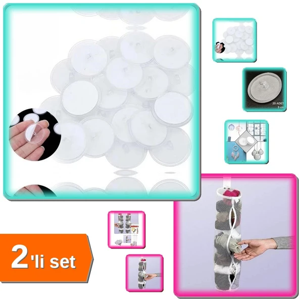5 Adet Dolap İçi Temiz Çorap Düzenleyici Askılık + 20 Adet Yapışkan Disk 3 Cm Çaplı - 2li Set K2Y5W2 ürün görseli 1