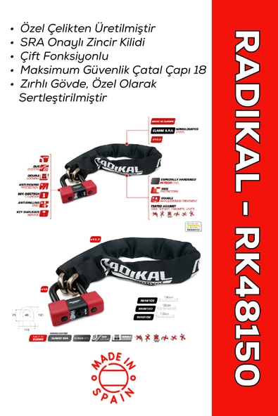 RADIKAL RK48150 SRA Onaylı Çift Fonksiyonlu Özel Çelik Zincir Kilit - Hırsızlığa Karşı Yüksek Güvenlikli ürün görseli 1