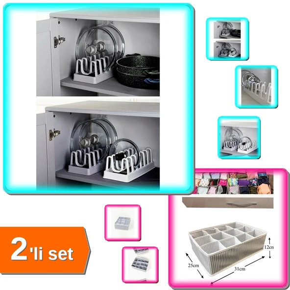 6 Bölmeli Tencere Kapak Rafı Organizeri + Pratik Çekmece Düzenleyici Organizer - 2li Set M0A3B5 ürün görseli 1