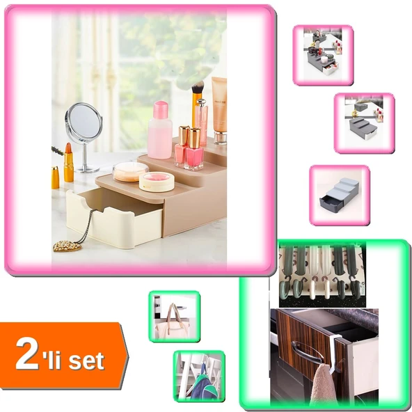 Compact Çekmeceli Standlı Makyaj Organizeri + 6 Adet Çekmece Havlupan Askısı - 2li Set Q2Z6Q3 ürün görseli 1