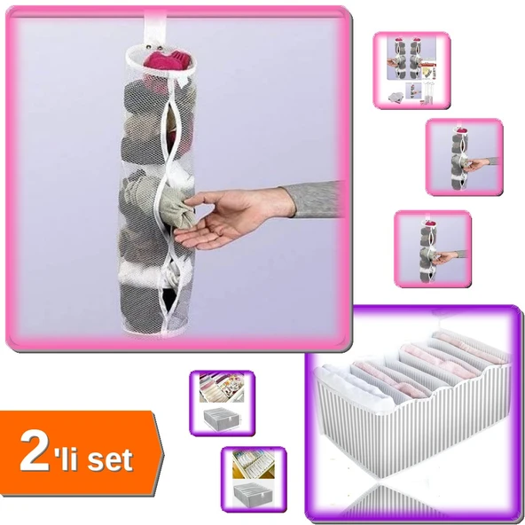 5 Adet Dolap İçi Asılabilir Çorap Düzenleyici + 8 Gözlü Akordiyon Çekmece Düzenleyici - 2li Set W7HL ürün görseli 1