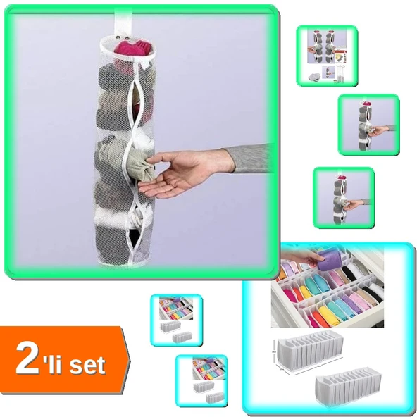 5 Adet Asılabilir Temiz Çorap Düzenleyici + 10 Gözlü Çekmece Düzenleyici - 2li Set M7G4GA ürün görseli 1