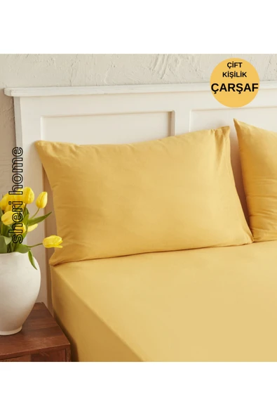 Sheri Home Tekstil Çift Kişilik Lastiksiz Çarşaf Ve 2 Adet Yastık Kılıfı SARIÇARSAFSETİ ürün görseli 1