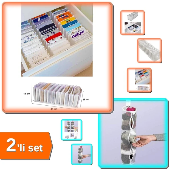 Dolap İçi Asılabilir Çorap Filesi +  11 Gözlü Çekmece Organizer - 2li Set S7T5H1 ürün görseli 1