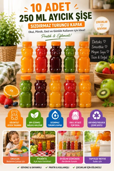 10 Adet Ayıcık Şişe – Turuncu Kapaklı, Okul ve Piknik İçin Eğlenceli Çocuk Meyve Suyu Şişesi 250 ml ürün görseli 1