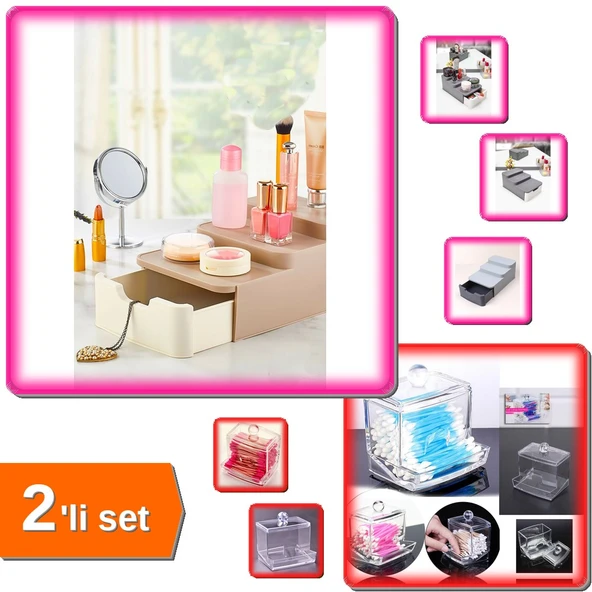 Compact Çekmeceli Standlı Makyaj Organizeri + Kapaklı Kulak Çubuğu Düzenleyici 2Li Set FX7K2Z ürün görseli 1
