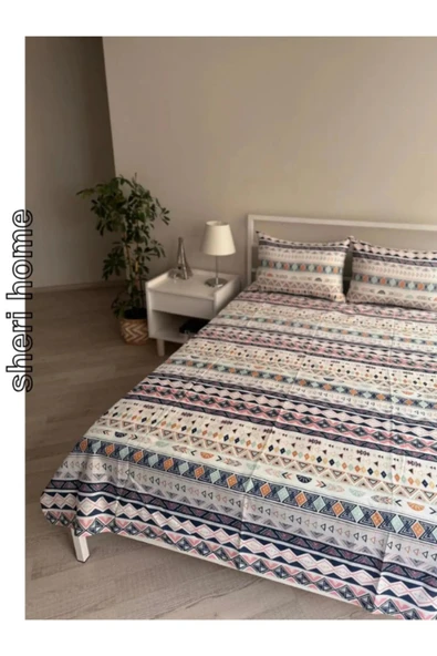 Sheri Home Tekstil Çift Kişilik Mavi Pramit Lastiksiz Çarşaf Ve 2 Adet Yastık Kılıfı ürün görseli 1