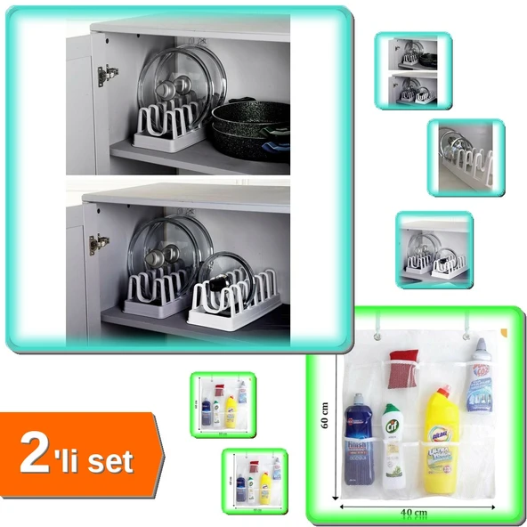6 Bölmeli Tencere Kapak Rafı Organizeri + 8 Cepli Askılı File Mutfak Düzenleyici - 2li Set Q6L1U3 ürün görseli 1