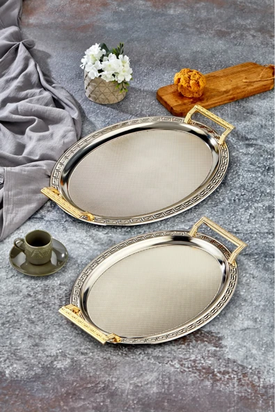 Cooker 2'li Metal Oval Sunum Tepsisi 48x32 cm ve 40x29 cm ürün görseli 1