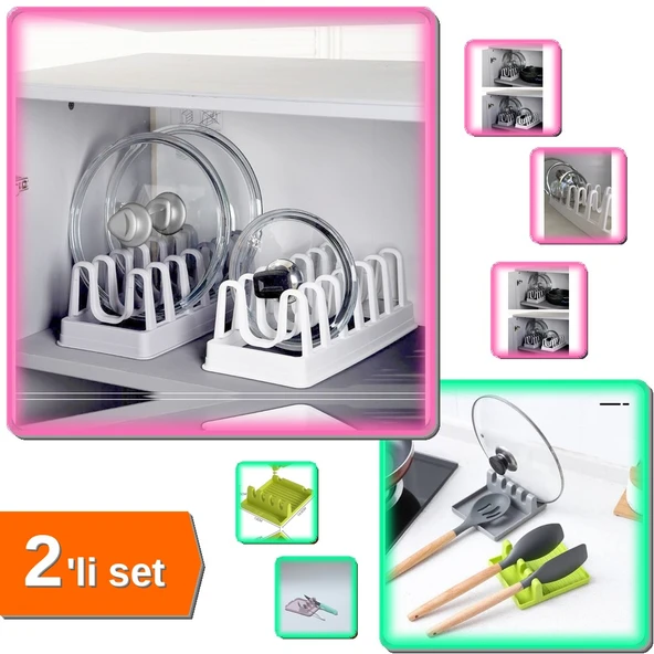 6 Bölmeli Tencere Kapak Rafı Organizeri + Kepçe Kaşık Altlığı Kapak Tutucu - 2li Set Q9C2W5 ürün görseli 1