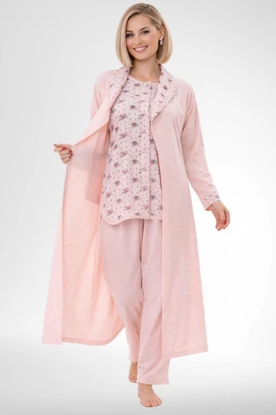 Mecit 6317 Pudra Kadın Büyük Beden Sabahlıklı Pijama Takımı ürün görseli 1